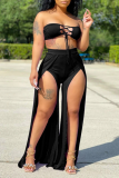 Black Sexy Solid Hollowed Out Strapless Sleeveless Two Pieces