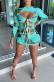 Light Green Fashion Sexy Print Bandage Hollowed Out O Neck Long Sleeve Dresses