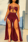Burgundy Sexy Solid Hollowed Out Strapless Sleeveless Two Pieces