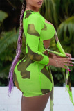 Light Green Fashion Sexy Print Bandage Hollowed Out O Neck Long Sleeve Dresses