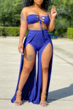 Blue Sexy Solid Hollowed Out Strapless Sleeveless Two Pieces