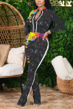Black Casual Patchwork Tie-dye Turndown Collar Long Sleeve Two Pieces