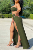 Army Green Sexy Solid Hollowed Out Strapless Sleeveless Two Pieces
