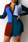 Blue Casual Color Block Patchwork Turndown Collar Shirt Dress Dresses
