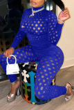 Blue Sexy Solid Patchwork Half A Turtleneck Skinny Jumpsuits