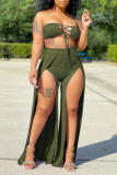 Army Green Sexy Solid Hollowed Out Strapless Sleeveless Two Pieces