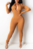 Brown Sexy Solid Split Joint Zipper Collar Skinny Jumpsuits