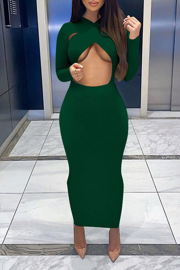 Ink Green Sexy Solid Hollowed Out Split Joint O Neck Pencil Skirt Dresses