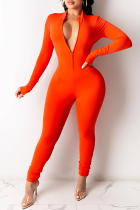 Tangerine Red Sexy Solid Patchwork Zipper Collar Skinny Jumpsuits