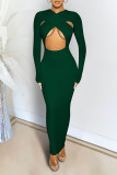 Ink Green Sexy Solid Hollowed Out Patchwork O Neck Pencil Skirt Dresses