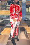Red Casual Print Split Joint Turndown Collar Long Sleeve Two Pieces