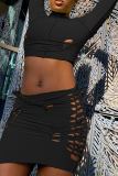 Black Sexy Solid Hollowed Out Skinny Mid Waist Pencil Solid Color Bottoms