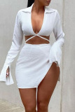 White Sexy Solid Patchwork Frenulum Backless Asymmetrical Turndown Collar Long Sleeve Two Pieces