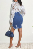 Baby Blue Fashion Casual Solid Ripped High Waist Regular Denim Skirts
