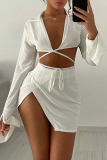 White Sexy Solid Patchwork Frenulum Backless Asymmetrical Turndown Collar Long Sleeve Two Pieces