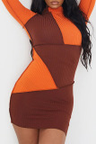 Orange Sexy Color Lump Solid Patchwork Half A Turtleneck Pencil Skirt Dresses