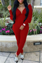 Red Fashion Casual Solid Backless Fold V Neck Regular Jumpsuits