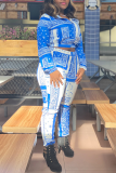 Blue Casual Print Split Joint Turndown Collar Long Sleeve Two Pieces
