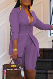 Purple Casual Solid Split Joint Turndown Collar Long Sleeve Two Pieces