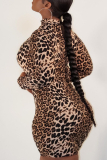 Leopard Print Sexy Leopard Split Joint Half A Turtleneck Pencil Skirt Plus Size Dresses