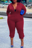 Burgundy Casual Solid Split Joint Hooded Collar Plus Size Jumpsuits