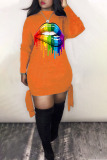 Orange Sexy Cap Sleeve Long Sleeves O neck Step Skirt Knee-Length bandage Print asymmetrical