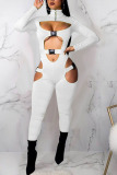 White Sexy Solid Hollowed Out Patchwork Zipper Collar Skinny Jumpsuits