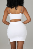 White Sexy Solid Hollowed Out Spaghetti Strap Sleeveless Two Pieces