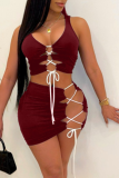 Burgundy Sexy Solid Hollowed Out U Neck Sleeveless Two Pieces