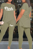 Army Green Casual Letter Print Patchwork Asymmetrical O Neck Short Sleeve Two Pieces