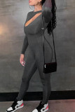 Dark Gray Fashion Sexy Solid Hollowed Out O Neck Skinny Jumpsuits