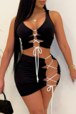 Burgundy Sexy Solid Hollowed Out U Neck Sleeveless Two Pieces
