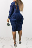 Blue Sexy Print See-through Mesh O Neck One Step Skirt Plus Size Dresses