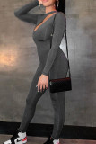 Dark Gray Fashion Sexy Solid Hollowed Out O Neck Skinny Jumpsuits