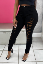 Black Casual Solid Ripped Plus Size Jeans