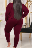 Burgundy Casual Solid Split Joint O Neck Plus Size Two Pieces
