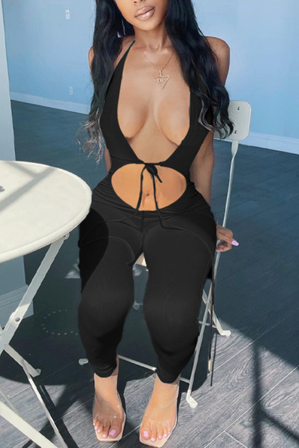Black Sexy Solid Hollowed Out Halter Skinny Jumpsuits