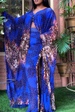 Blue Yellow Fashion Casual Print Slit V Neck Long Sleeve Two Pieces