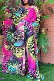 Purple Green Fashion Casual Print Slit V Neck Long Sleeve Two Pieces