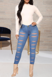 White Casual Solid Ripped Mid Waist Skinny Denim Jeans