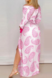 Rose Pink Sexy Print Asymmetrical V Neck A Line Dresses