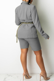 Grey Fashion Casual Solid Without Belt Turndown Collar Long Sleeve Two Pieces