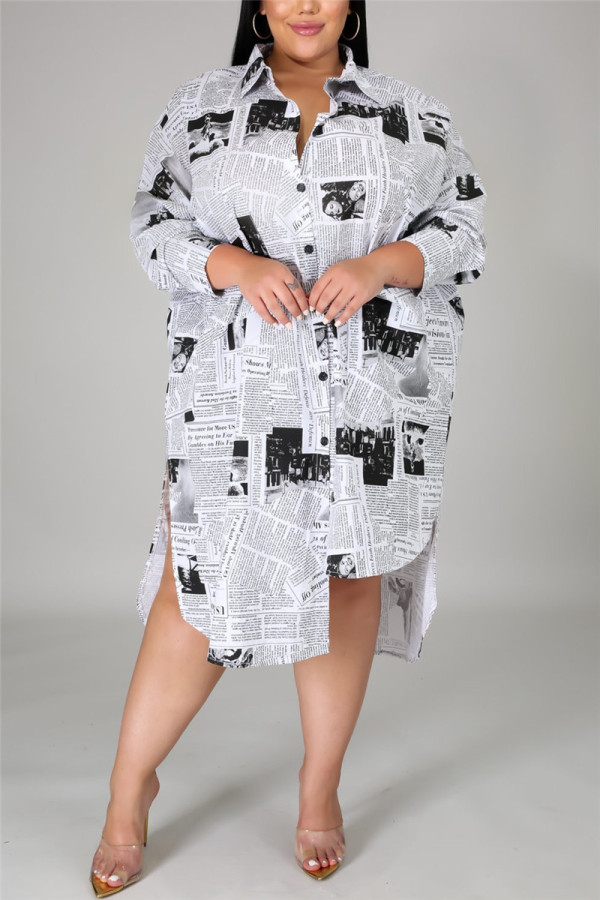Multi Fashion Casual Plus Size Turndown Collar Long Sleeve Regular Sleeve Print Printed Dress