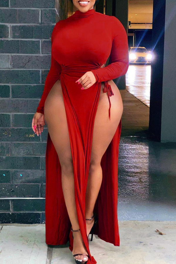Red Sexy Solid Hollowed Out Patchwork Frenulum High Opening Half A Turtleneck Straight Plus Size Dresses
