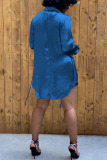 Blue Casual Solid Split Joint Turn-back Collar Long Sleeve Two Pieces