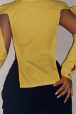Yellow Sexy Solid Hollowed Out Turndown Collar Tops
