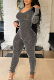 Grey Sexy Solid Hollowed Out Skinny Jumpsuits