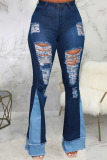 Dark Blue Street Ripped Split Joint High Waist Denim Jeans