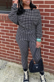 Blue Casual Plaid Split Joint Off the Shoulder Long Sleeve Two Pieces