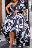 Black Elegant Print Patchwork Asymmetrical Asymmetrical Collar Ball Gown Dresses